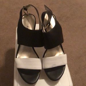 Black and white strap heel sandal